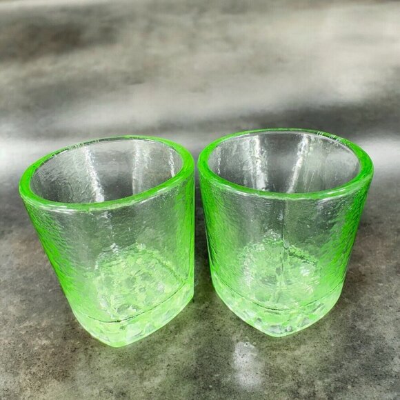 Fire & Light Green Recycled Glass Tumbler On the Rocks Square Signed Set 2 - Picture 2 of 16